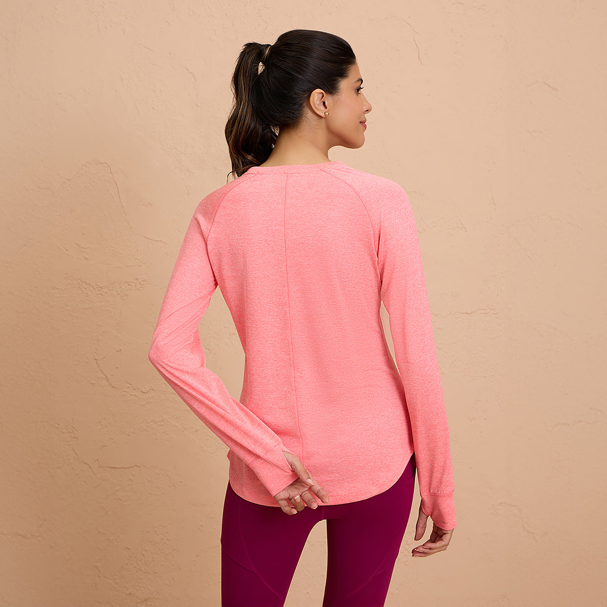 Flattering Hip Covering Long Sleeved Active Dry Fit Top-NYK311-Pink