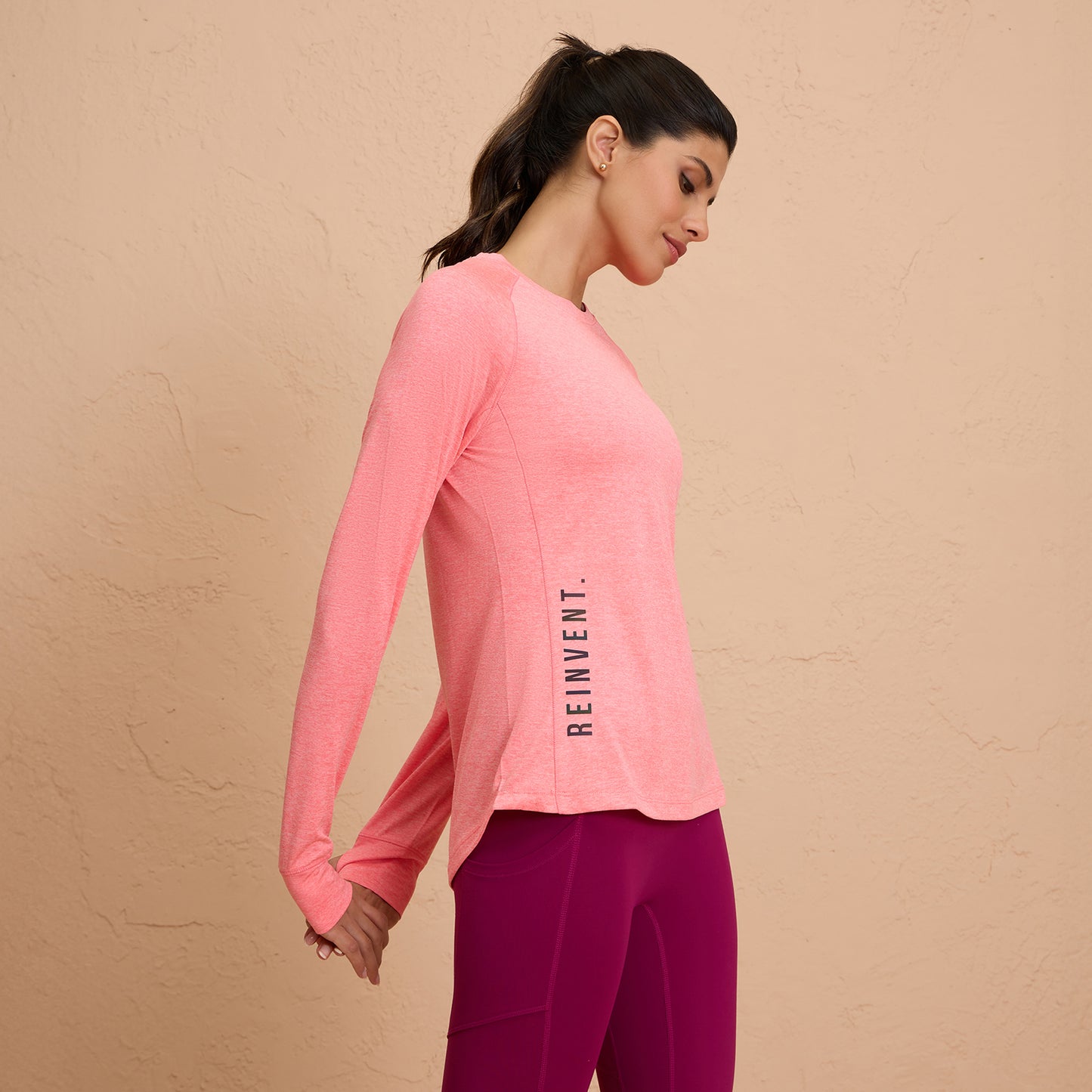 Flattering Hip Covering Long Sleeved Active Dry Fit Top-NYK311-Pink