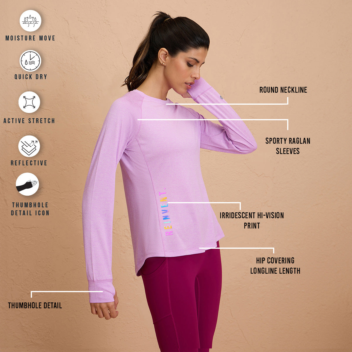 Flattering Hip Covering Long Sleeved Active Dry Fit Top-NYK311-Purple