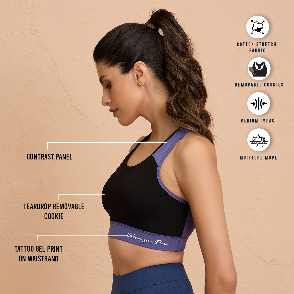 Nykd By Nykaa-Full Coverage Breathable Cotton Slip-On Racer Back Sports Bra-NYK904-Black