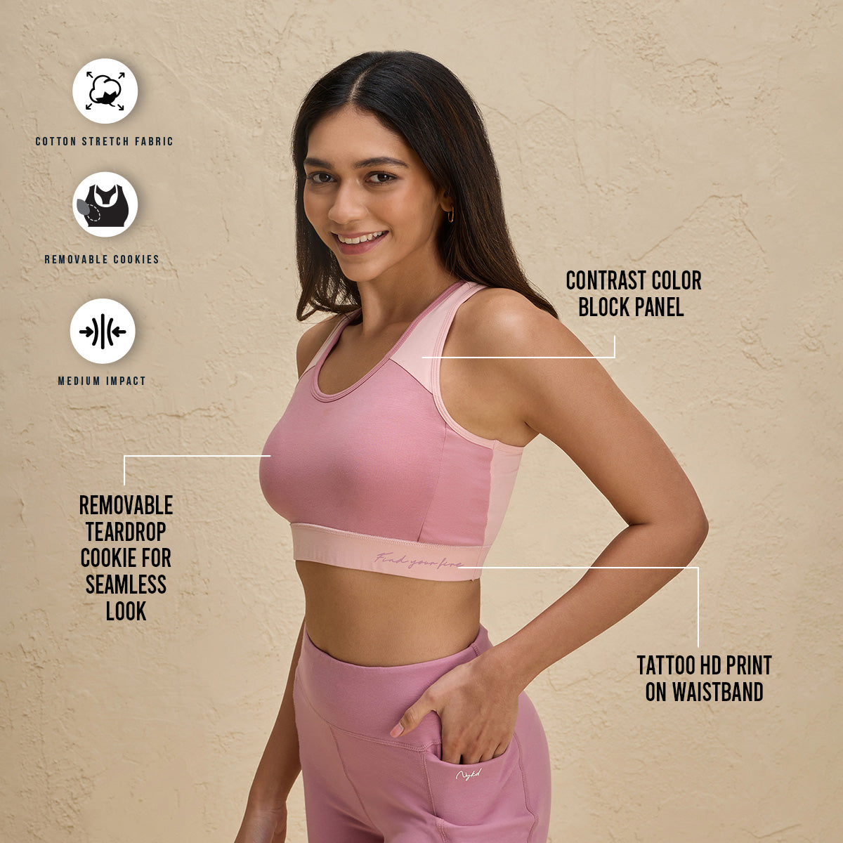 Full Coverage Breathable Cotton Slip-On Racer Back Sports Bra-NYK904-Pink