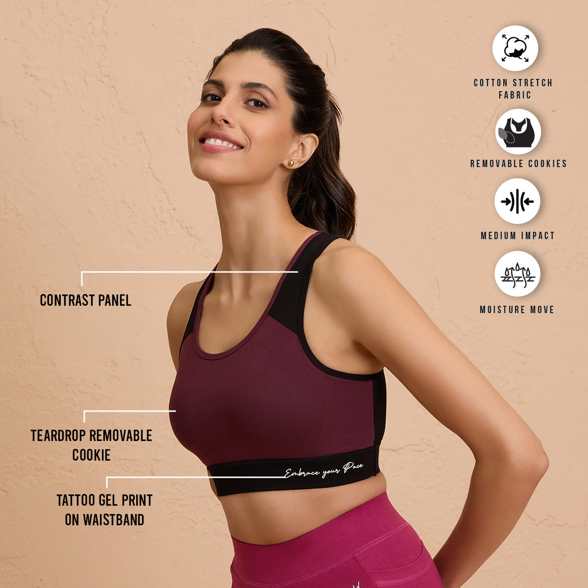 Nykd By Nykaa-Full Coverage Breathable Cotton Slip-On Racer Back Sports Bra-NYK904-Wine