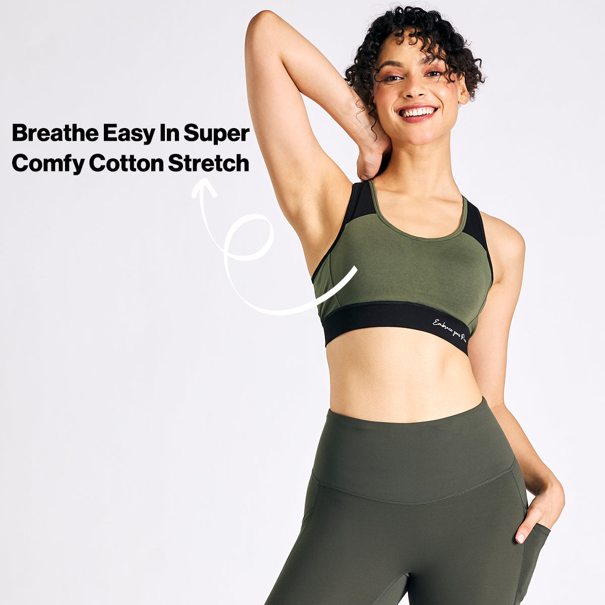 Nykd By Nykaa Cotton Stretch Slip On Sports Bra with Removable Cups NYK904 Olive