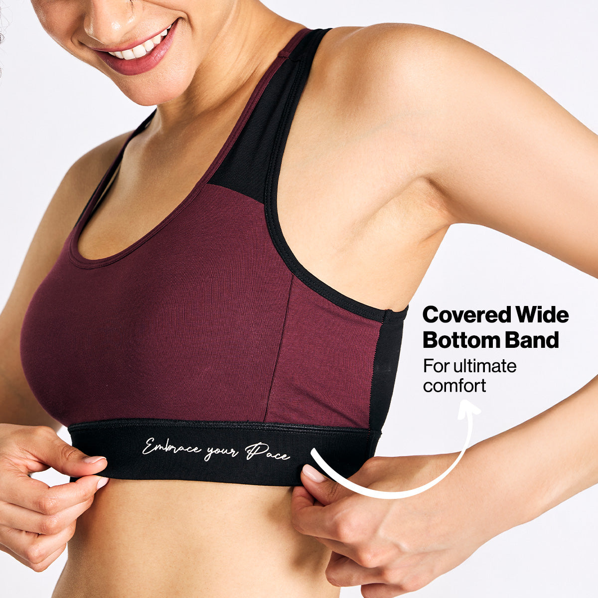 Nykd By Nykaa Wide Waistband Cotton Slip on Racer Back Sports Bra NYK904 Wine