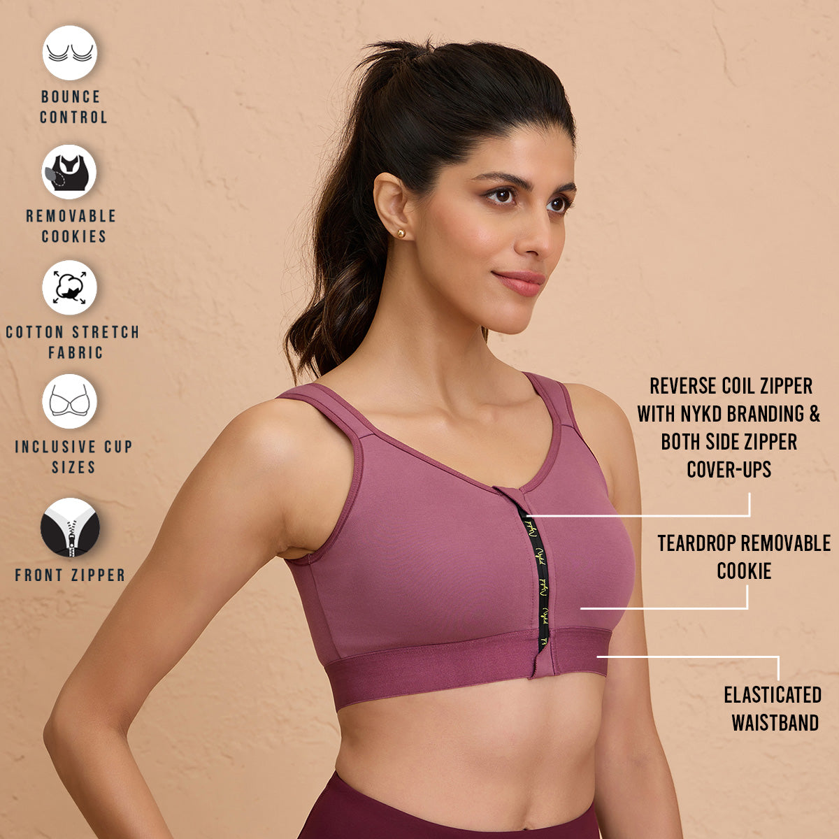 Full Coverage Front Open High Impact Posture Correcting Sports Bra-NYK907-Grape