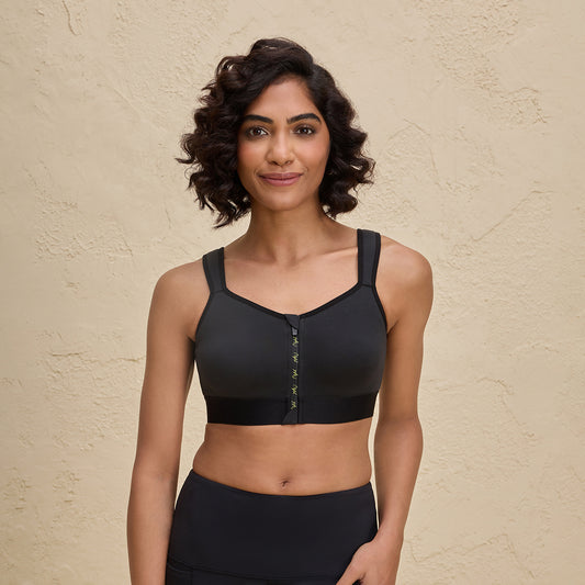 Full Coverage Front Open Cotton High Impact Posture Correcting Sports Bra-NYK907-Jet Black