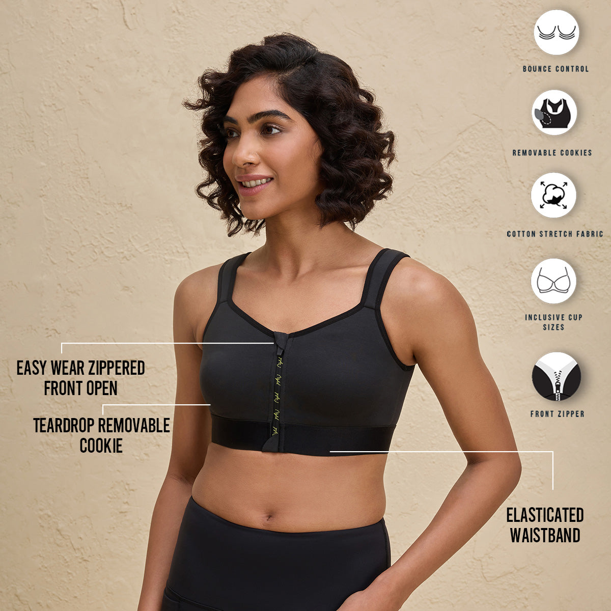 Full Coverage Front Open Cotton High Impact Posture Correcting Sports Bra-NYK907-Jet Black