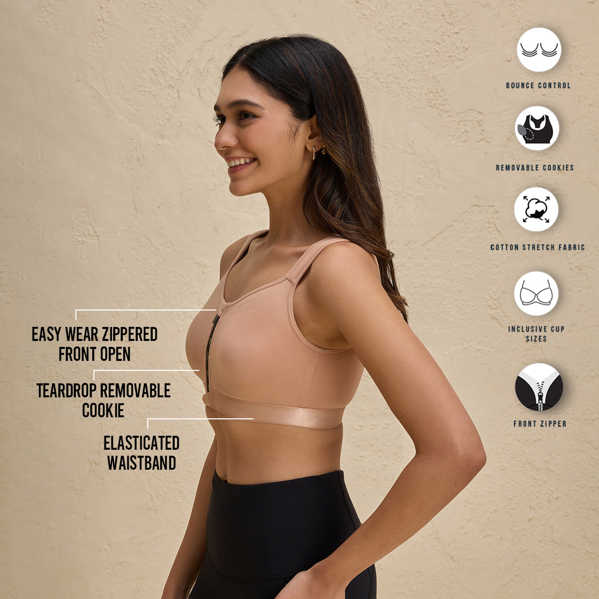 Nykd By Nykaa Full Coverage Front Open Cotton High Impact Sports Bra-NYK907-Nude