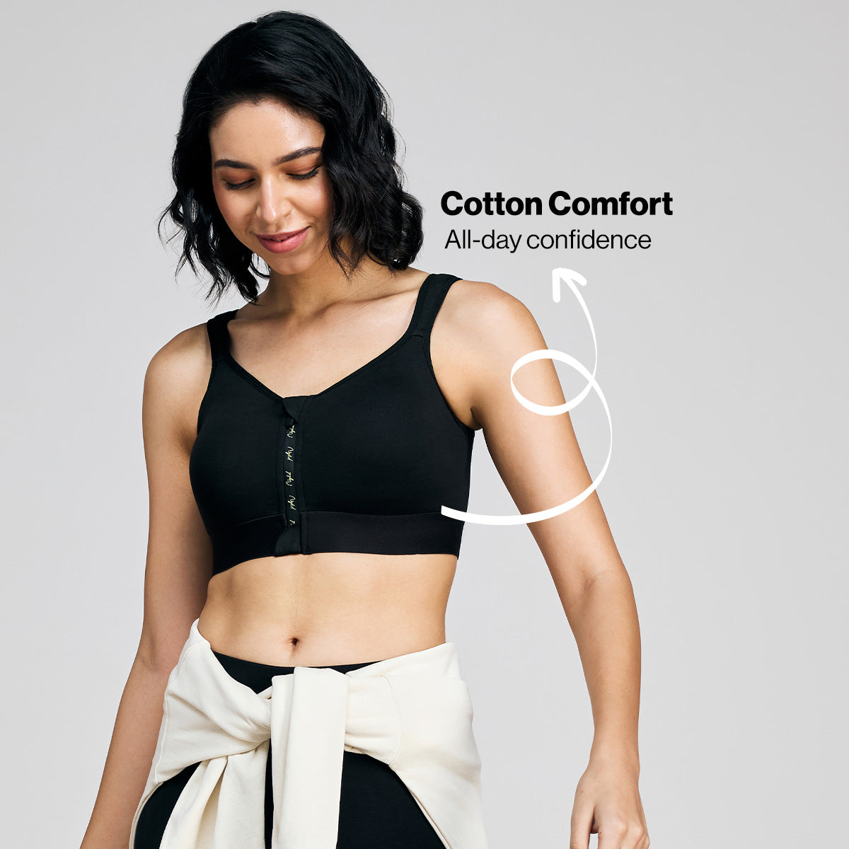 Full Coverage Front Open Cotton High Impact Posture Correcting Sports Bra-NYK907-Jet Black