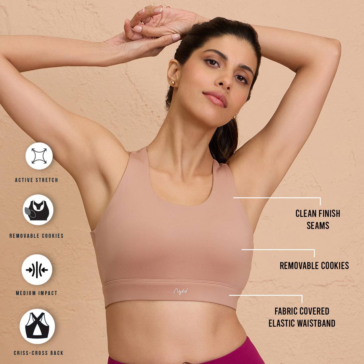 Nykd By Nykaa Ultimate Cross Back Sports Bra with Removable Cups NYK909 Nude