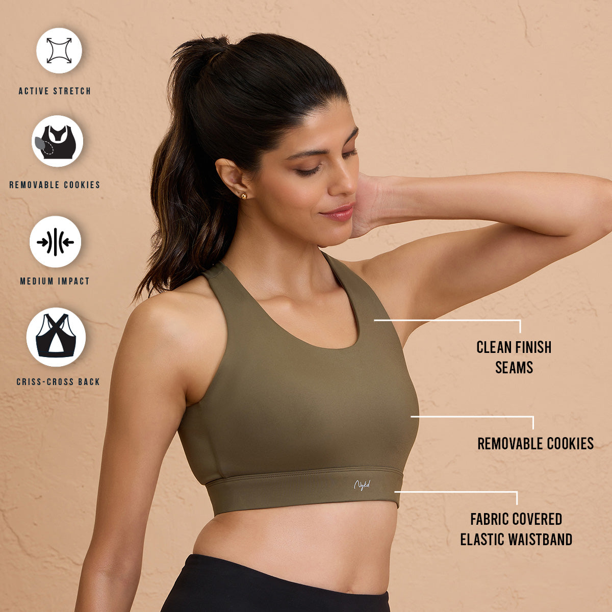 Nykd By Nykaa Ultimate Cross Back Sports Bra with Removable Cups NYK909 Olive