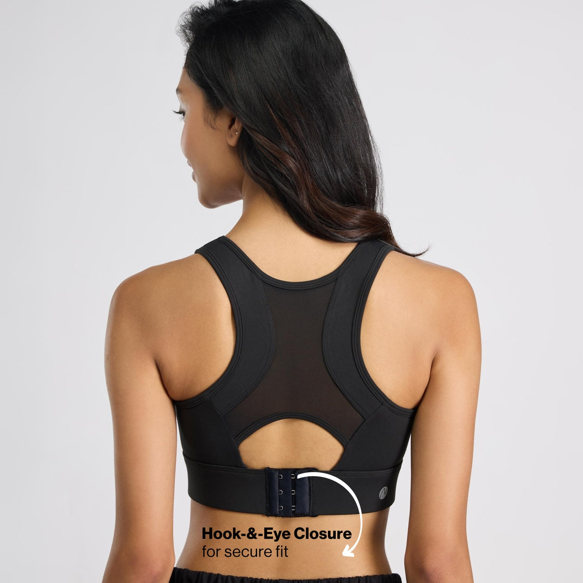 High Impact Sports Bra with Mesh Racerback, Hook & Eye Closure NYK917 Black