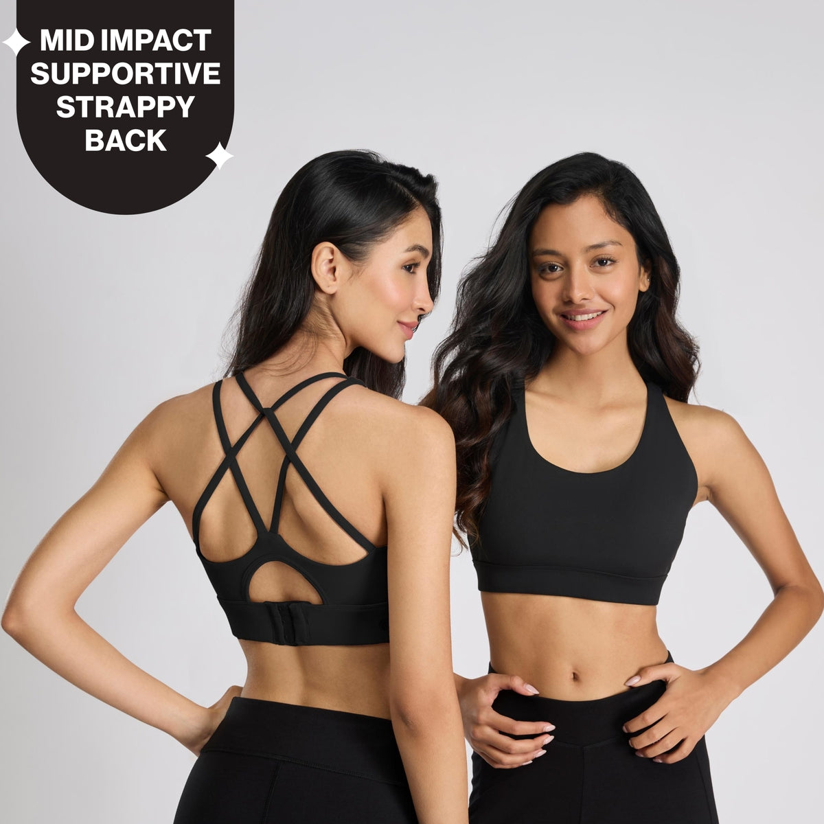 Mid-Impact Sports Bra with Strappy Back, Adjustable Hook & Eye Closure NYK918 Black