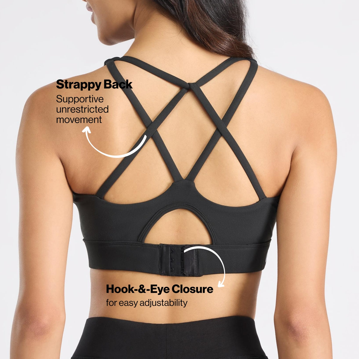 Mid-Impact Sports Bra with Strappy Back, Adjustable Hook & Eye Closure NYK918 Black