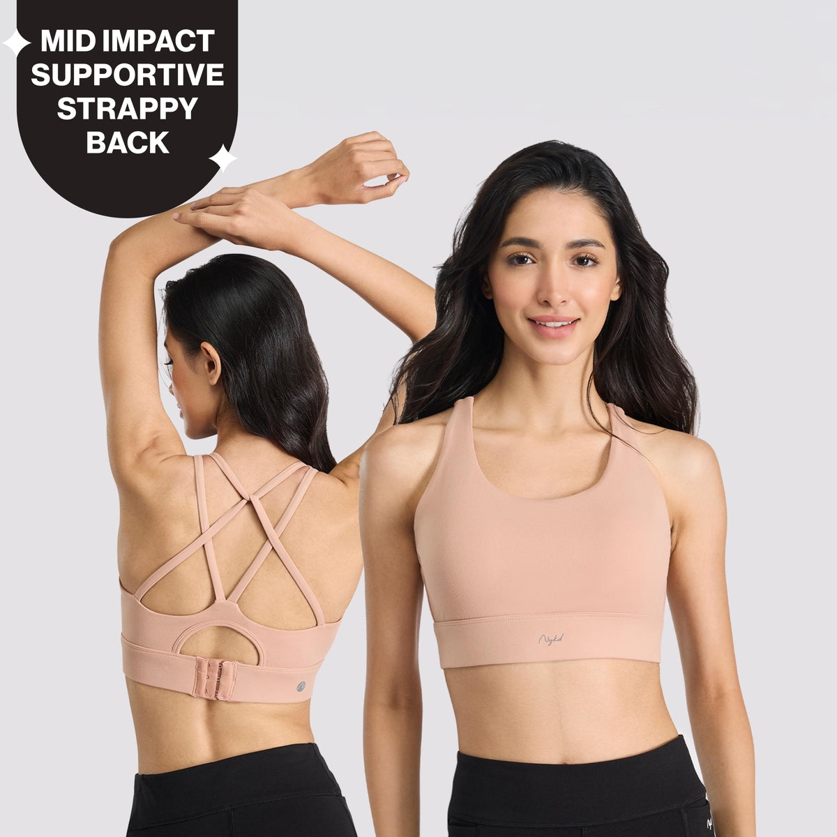 Mid-Impact Sports Bra with Strappy Back, Adjustable Hook & Eye Closure NYK918 Nude