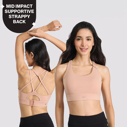 Mid-Impact Sports Bra with Strappy Back, Adjustable Hook & Eye Closure NYK918 Nude