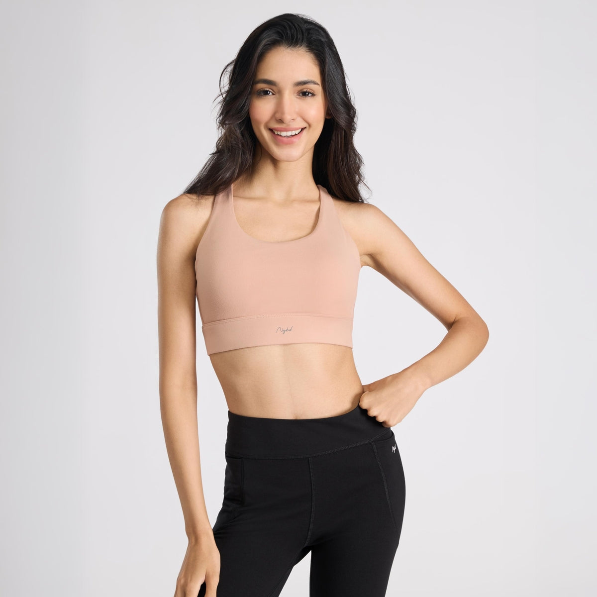 Mid-Impact Sports Bra with Strappy Back, Adjustable Hook & Eye Closure NYK918 Nude