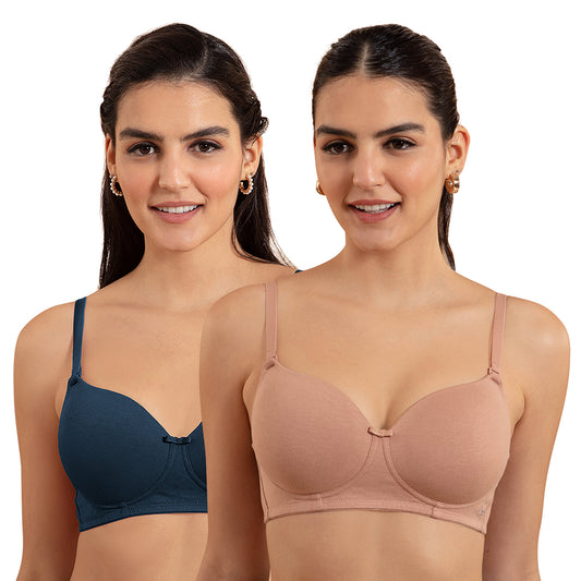 Breathe Cotton Padded wireless T-shirt Bra 3/4th coverage PO2 S Blue & Darkskin NYB198