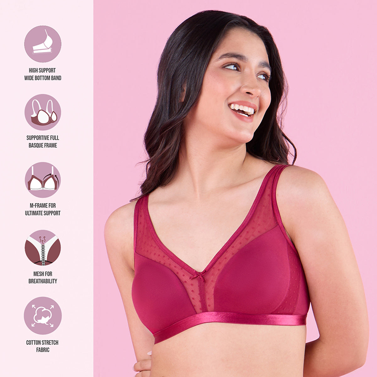 Glass Neckline Cotton Support Bra NYB280 Berry