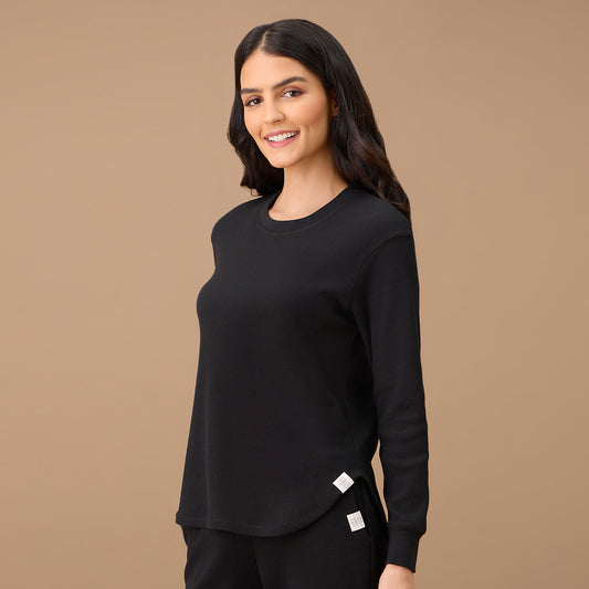 Waffle Lounge Tee with  Flattering Hem & Full Sleeves - Jet Black