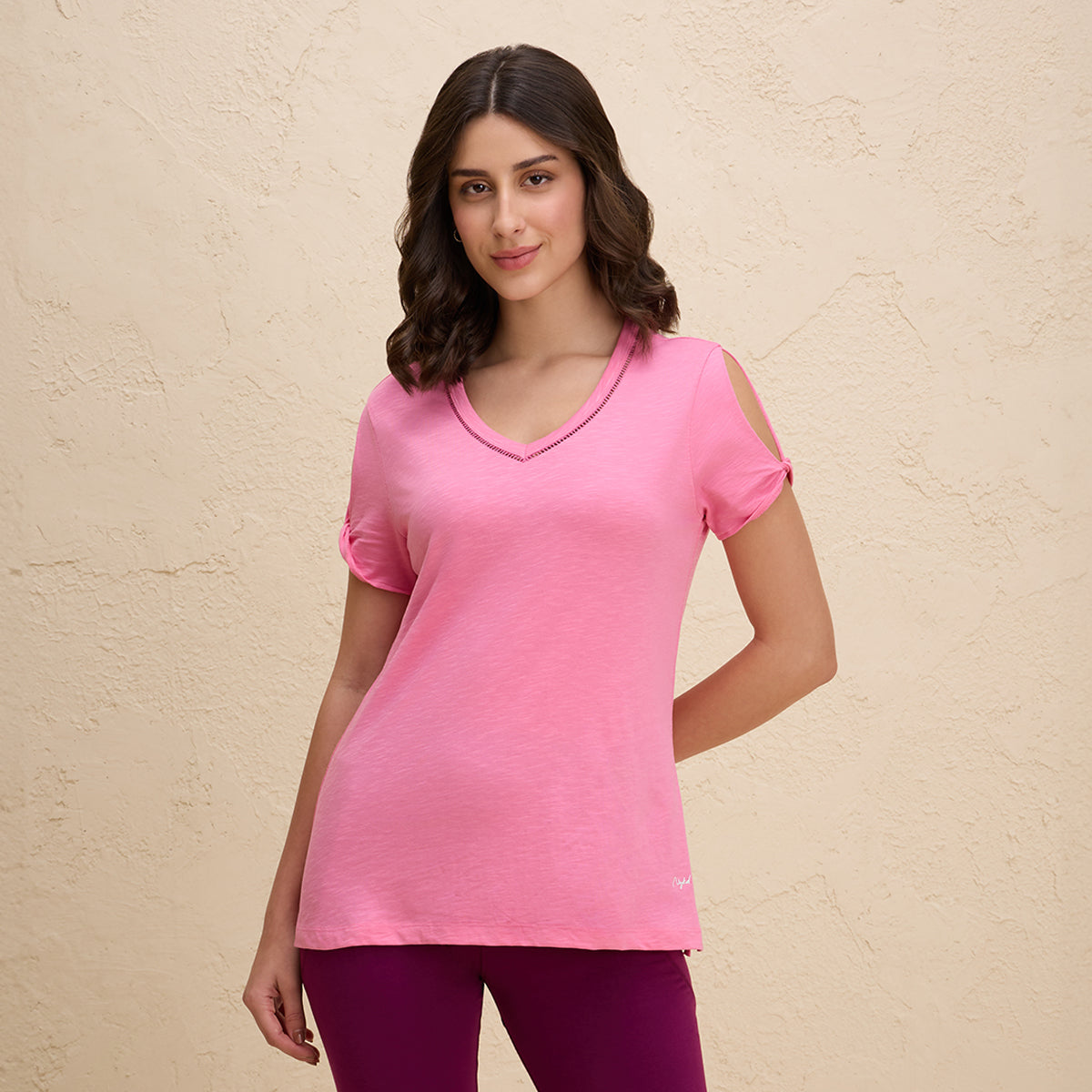 Nykd By Nykaa Summer Essential Super Comfy Relaxed V Neck Slub Cotton Tee-NYLE513-Pink