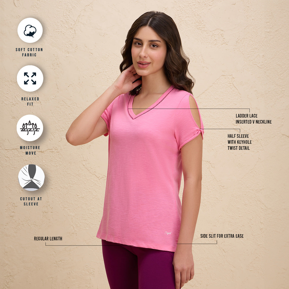 Nykd By Nykaa Summer Essential Super Comfy Relaxed V Neck Slub Cotton Tee-NYLE513-Pink