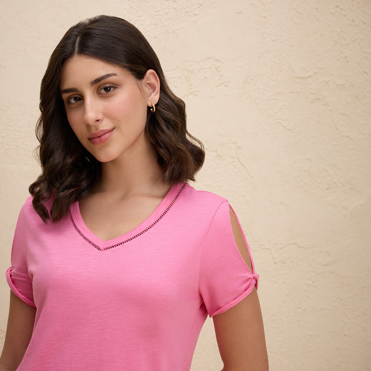 Nykd By Nykaa Summer Essential Super Comfy Relaxed V Neck Slub Cotton Tee-NYLE513-Pink