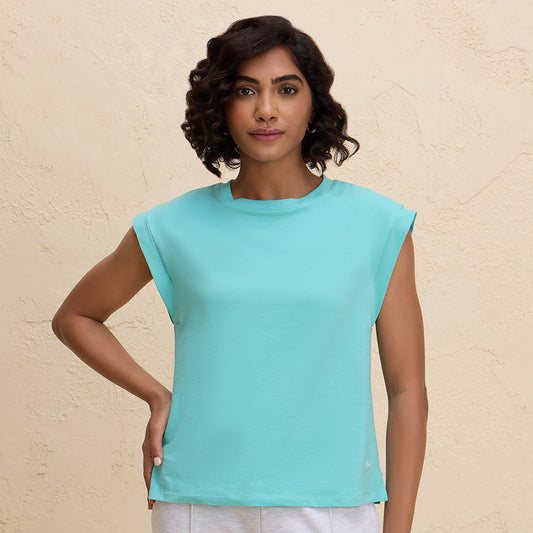 Extended Shoulder Cotton Tank Top with 2 Degree Cooling Tech-NYLE514-Turquoise