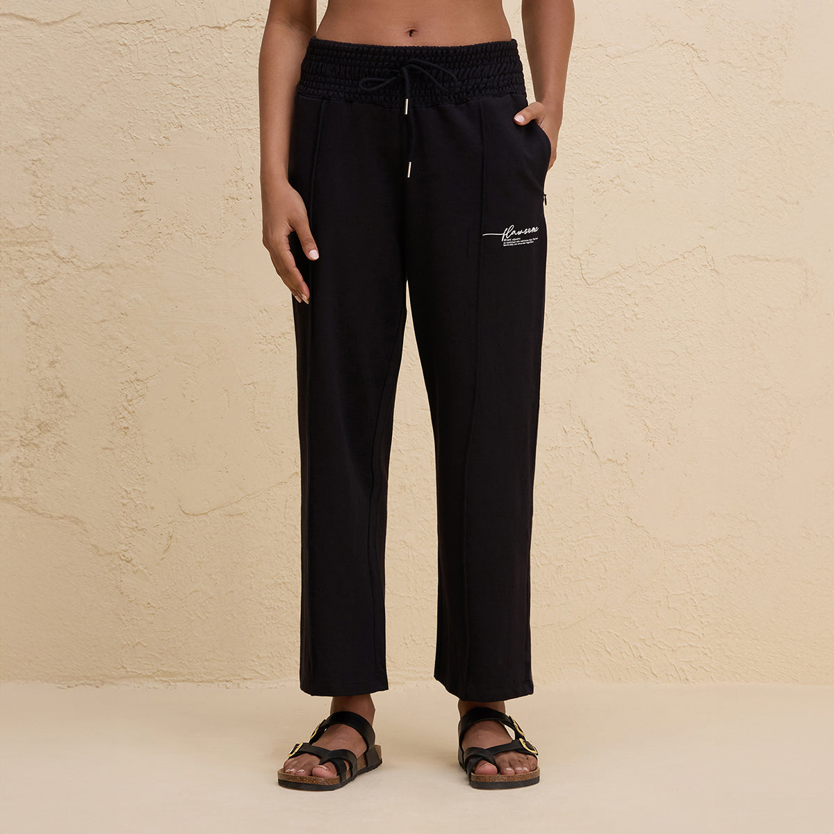 Nykd By Nykaa Smocked Waist Cotton French Terry Straight Lounge Pants-NYLE604-Jet Black