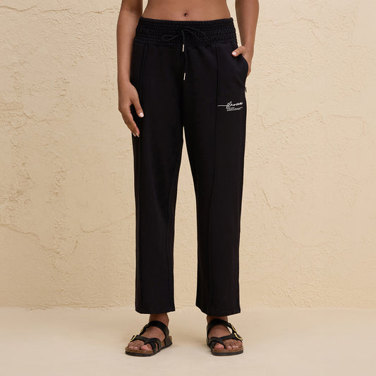 Smocked Waist Cotton French Terry Straight Lounge Pants-NYLE604-Jet Black