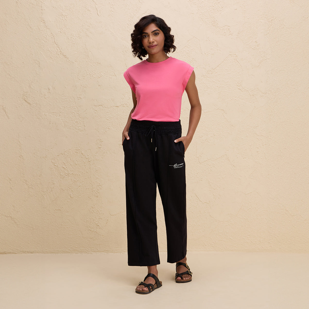 Nykd By Nykaa Smocked Waist Cotton French Terry Straight Lounge Pants-NYLE604-Jet Black