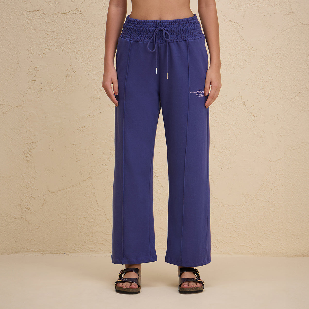 Nykd By Nykaa Smocked Waist Cotton French Terry Straight Lounge Pants-NYLE604-Blue