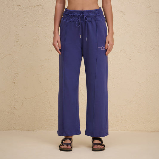 Smocked Waist Cotton French Terry Straight Lounge Pants-NYLE604-Blue