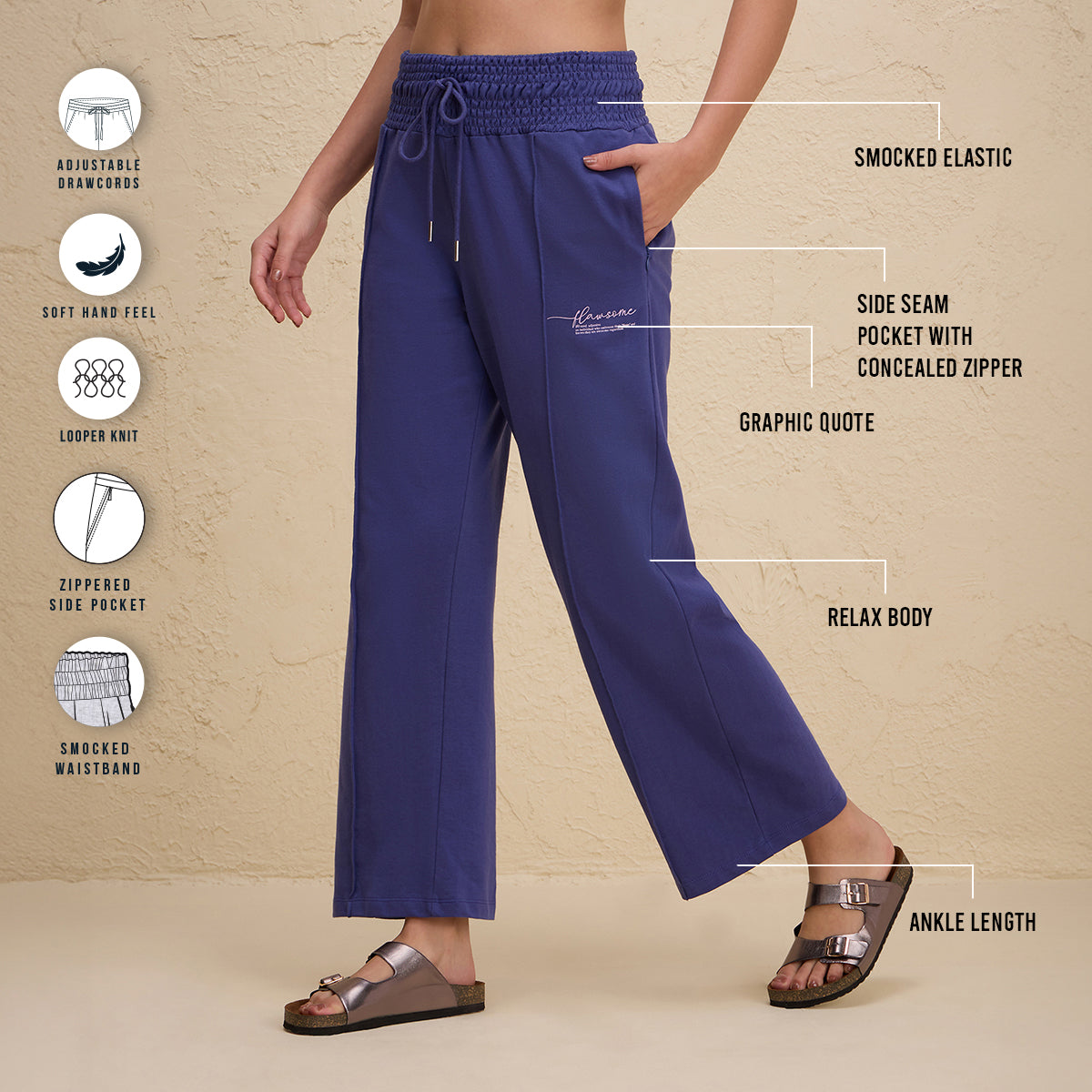 Nykd By Nykaa Smocked Waist Cotton French Terry Straight Lounge Pants-NYLE604-Blue