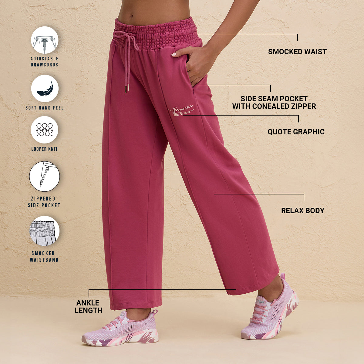 Nykd By Nykaa Smocked Waist Cotton French Terry Straight Lounge Pants-NYLE604-Grape