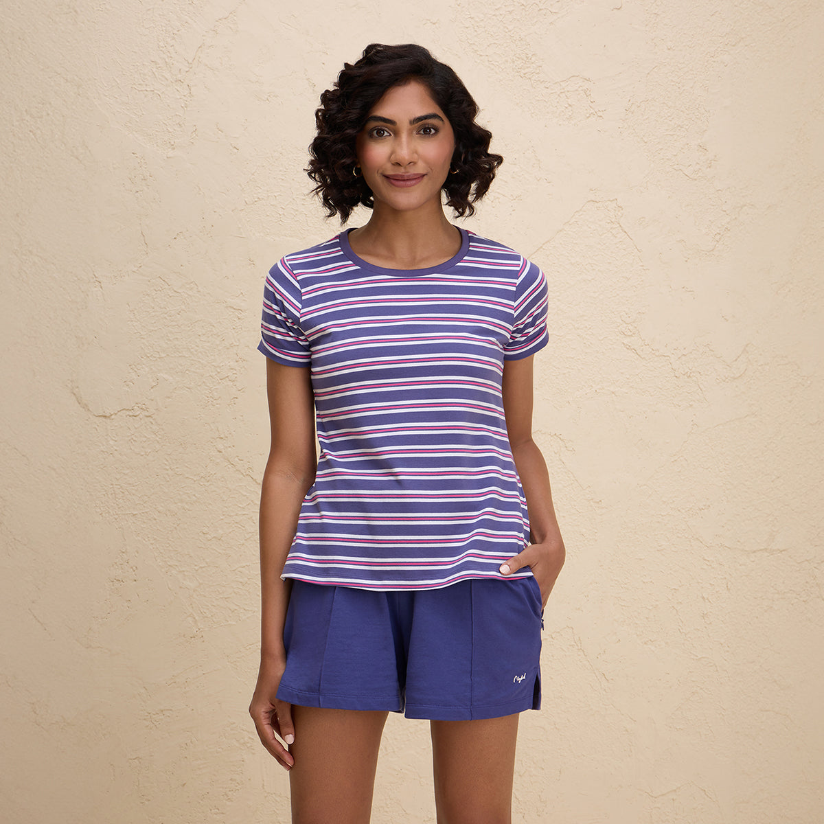 Nykd By Nykaa Breathable Cotton Tee with 2 Degree Cooling Tech-NYLE605-Blue White Stripe