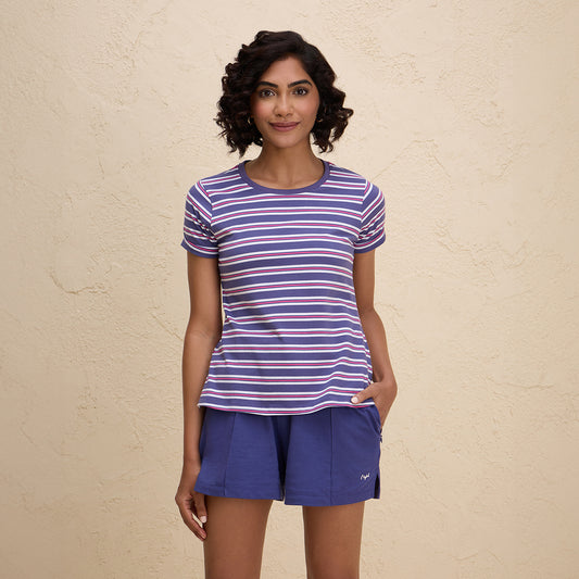 Cotton Tee with 2 Degree Cooling Tech- NYLE605 - Blue White Stripe