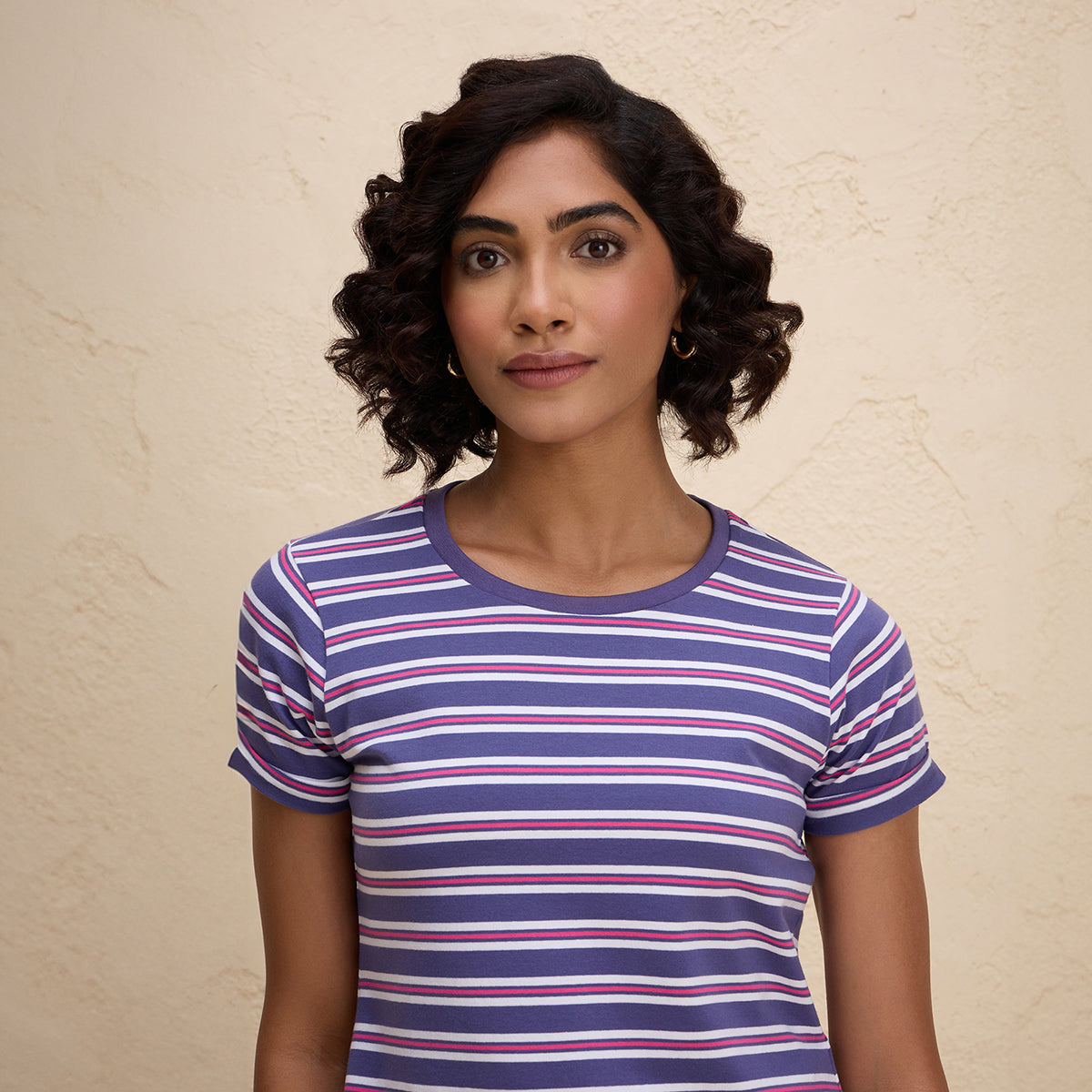 Nykd By Nykaa Breathable Cotton Tee with 2 Degree Cooling Tech-NYLE605-Blue White Stripe