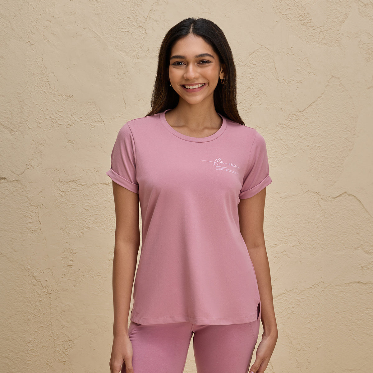 Nykd By Nykaa Summer Essential Breathable Cotton Tee with 2 Degree Cooling Tech-NYLE605-Mauve