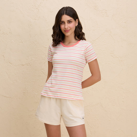 Cotton Tee with 2 Degree Cooling Tech- NYLE605 - Orange White Stripe