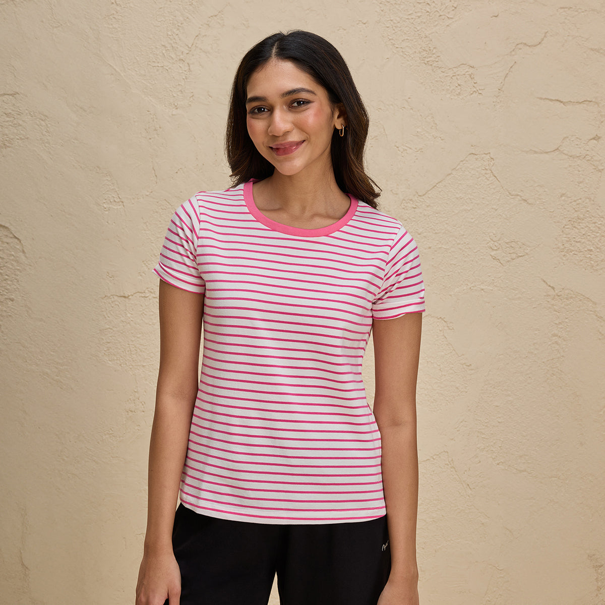 Nykd By Nykaa Breathable Cotton Tee with 2 Degree Cooling Tech-NYLE605-Pink White Stripe