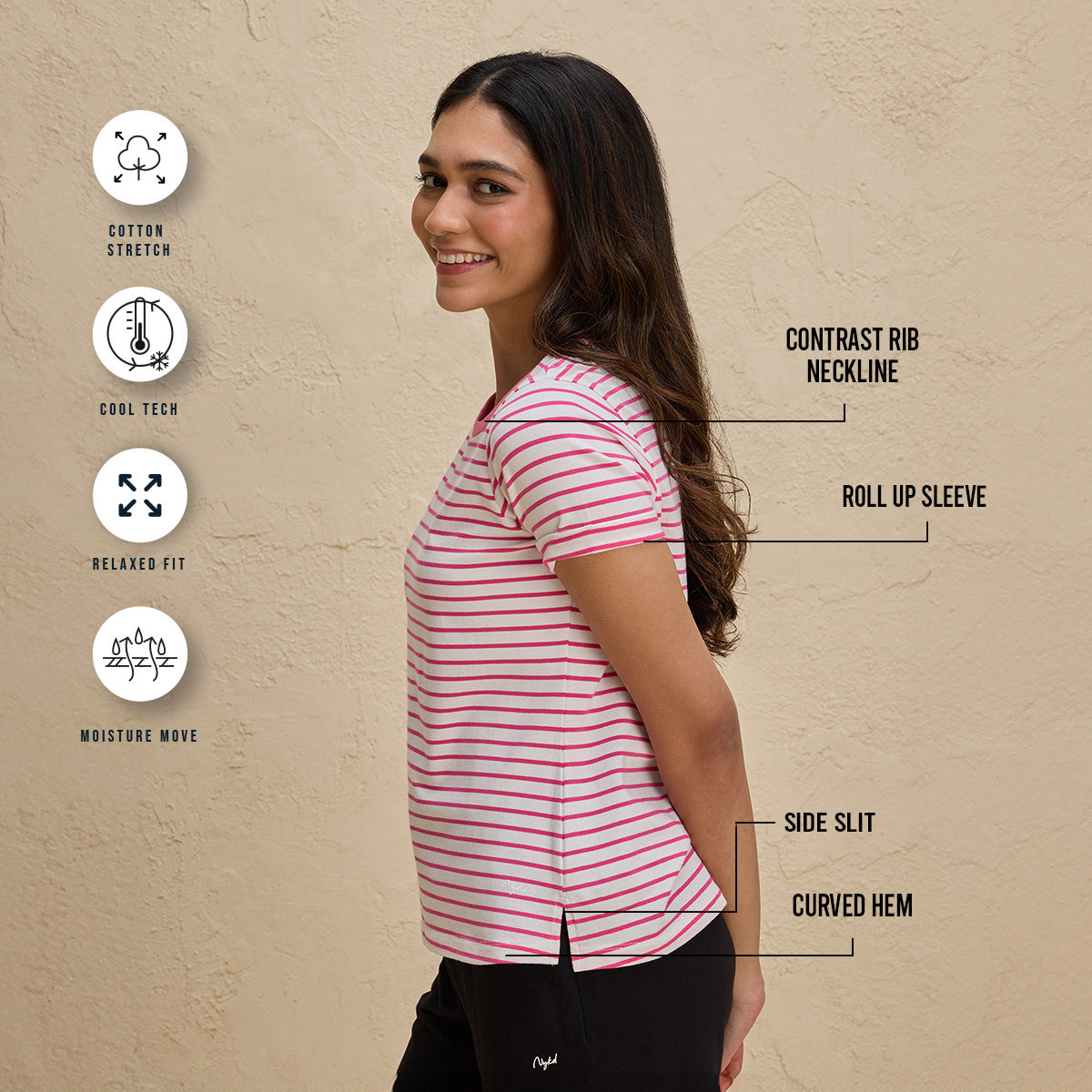 Cotton Tee with 2 Degree Cooling Tech- NYLE605 - Pink White Stripe