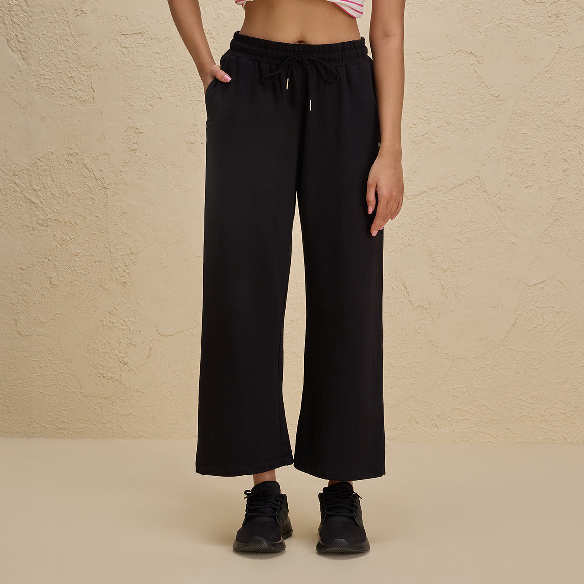 Nykd By Nykaa Comfort Cotton French Terry Straight Leg Lounge Track Pants-NYLE606-Black