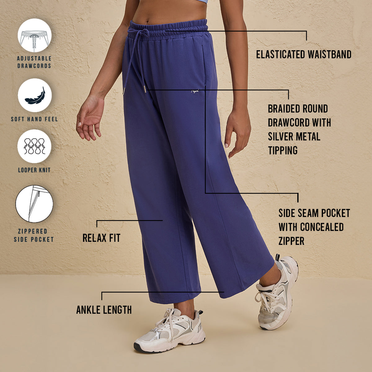 Nykd By Nykaa Comfort Cotton French Terry Straight Leg Lounge Track Pants-NYLE606-Blue