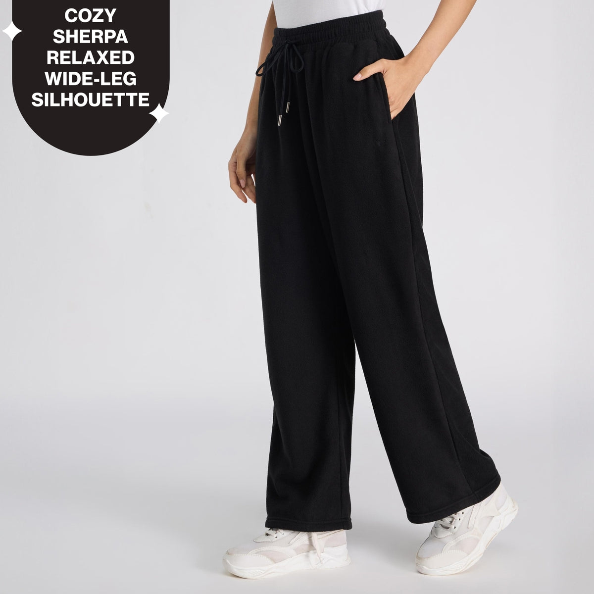 Cozy Sherpa Fleece Wide-Leg Lounge Pants with Side Pockets NYLE608 Black