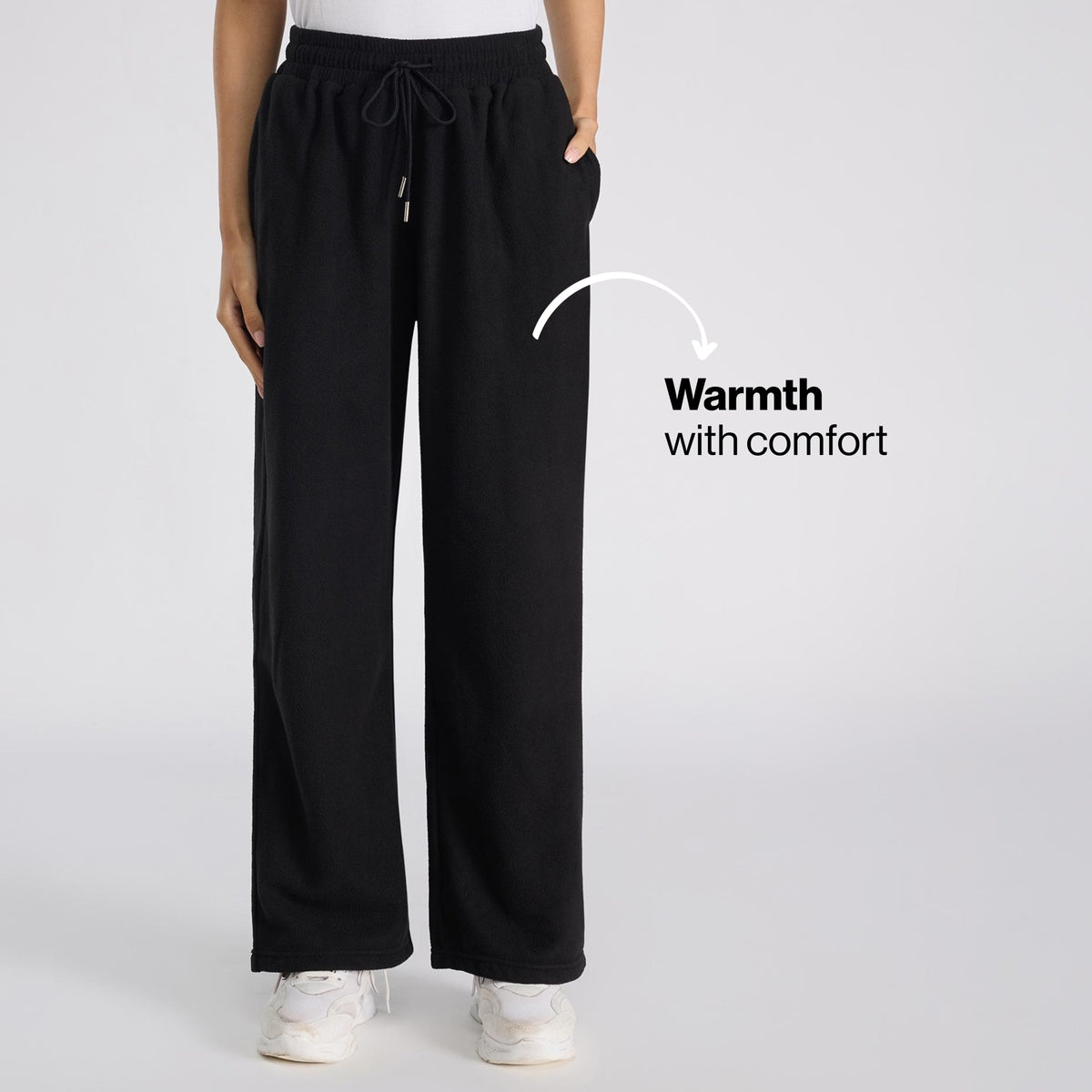 Cozy Sherpa Fleece Wide-Leg Lounge Pants with Side Pockets NYLE608 Black