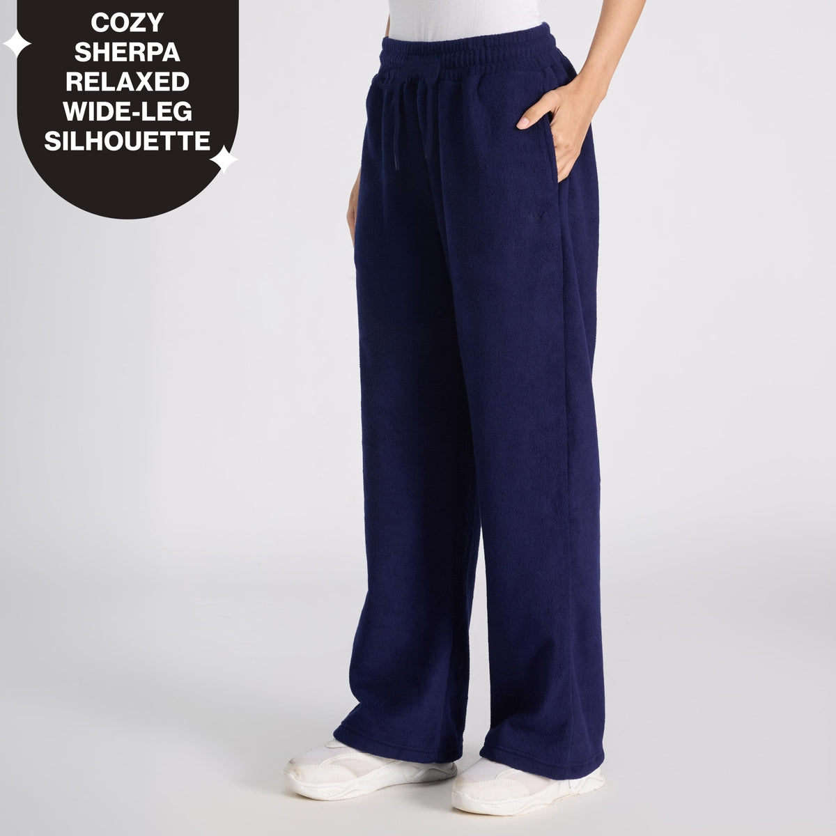 Cozy Sherpa Fleece Wide-Leg Lounge Pants with Side Pockets NYLE608 Navy