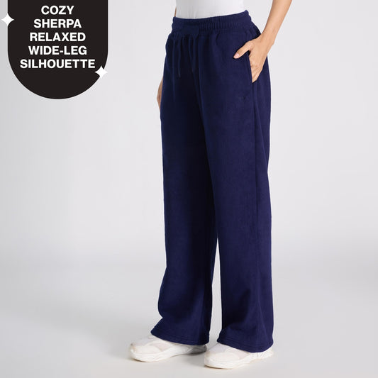 Cozy Sherpa Fleece Wide-Leg Lounge Pants with Side Pockets NYLE608 Navy