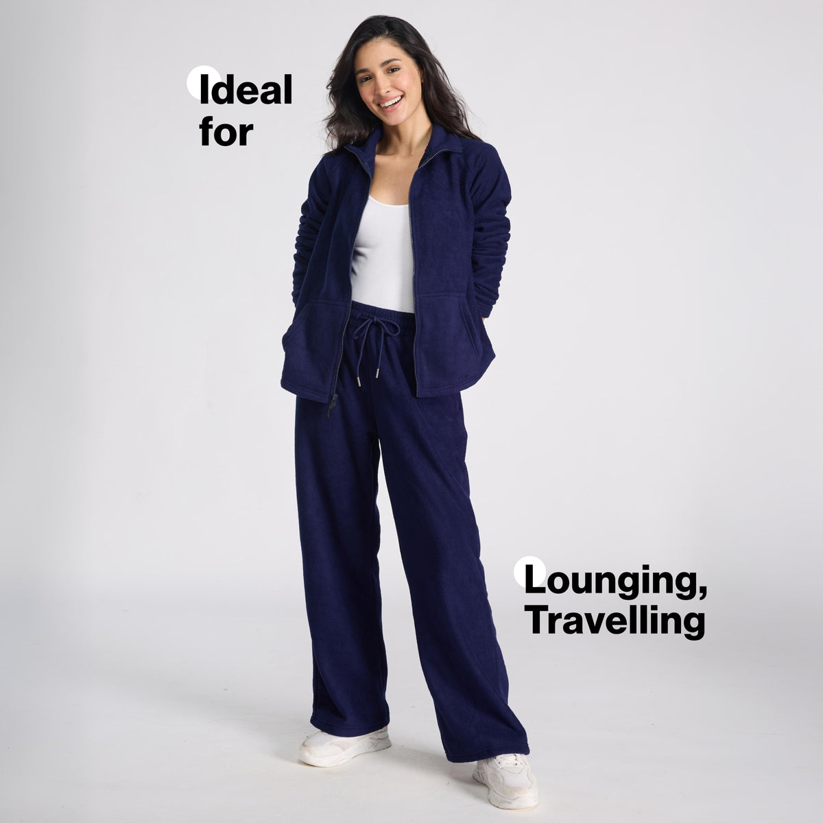 Cozy Sherpa Fleece Wide-Leg Lounge Pants with Side Pockets NYLE608 Navy