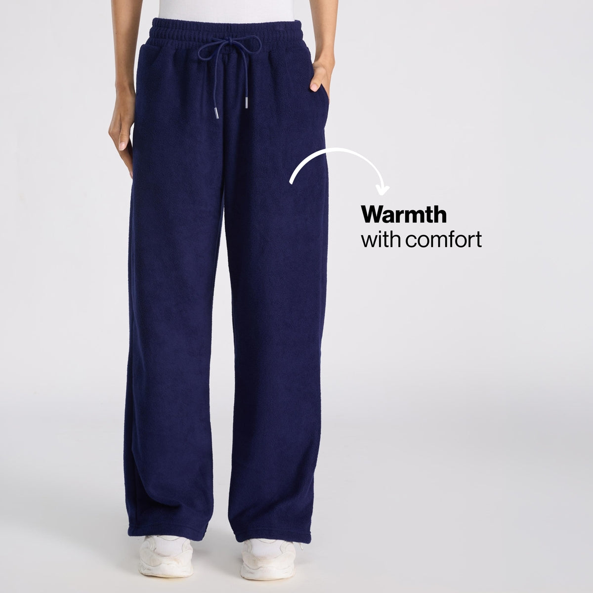 Cozy Sherpa Fleece Wide-Leg Lounge Pants with Side Pockets NYLE608 Navy